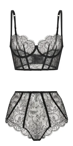 Güzel set, kadın siyah seksi iç çamaşırı, dantel sütyen ve külot, kırpma, hayalet manken, beyaz arka plan üzerinde izole, ön görünüm