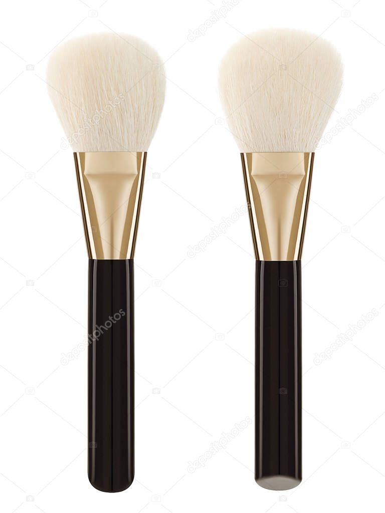 Set of luxury makeup brushes, black and gold handles and white pile, front and back view, mock-up, clipping path, isolated on white background