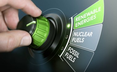 Man turning an energy transition button to switch from fossil fuels to renewable energies. Composite image between a hand photography and a 3D background. clipart