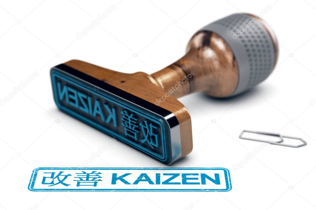 3D illustration of a rubber stamp with the text kaizen in English and Japanese language stamped over white background. Concept of continuous improvement.