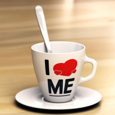 Mug with the phrase i love me on wooden table. Concept of egocentric or self-centredness person. 3D illustration. clipart
