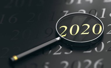 3D illustration of year 2020 written in golden letters and a magnifying glass over black background clipart