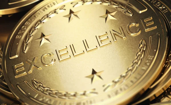 Close Golden Medal Word Excellence Written Relief Concept Accomplishment Illustration — Stock Photo, Image