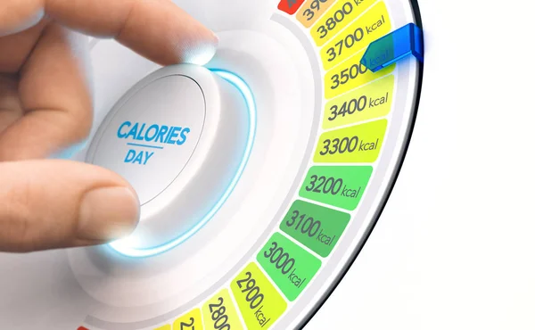 Man Turning Calorie Knob Increase Daily Intake Level High Calories — Stock Photo, Image