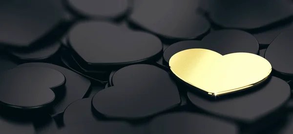 Close Black Golden Heart Shapes Black Background Modern Design Concept — Stock Photo, Image