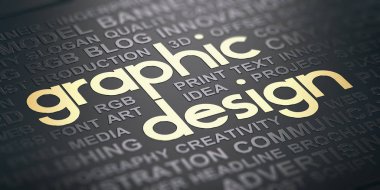 Kelime bulutu metin grafik ile siyah arka plan üzerinde altın harflerle witten tasarlayın. Görsel iletişim kavramı. 3D çizim