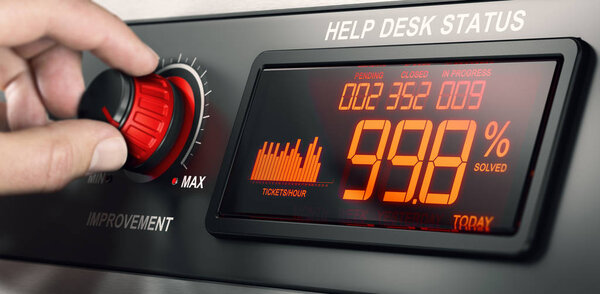 Человек поворачивает кнопку на приборной панели, чтобы улучшить производительность справочной службы. Компромиссное изображение между фотографией рукой и трехмерным фоном
.