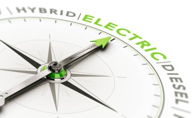 3D illustration of a compass with needle pointing the word electric. Concept of vehicle type choice. clipart