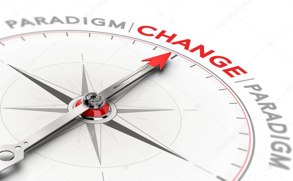 3D illustration of a compass with needle pointing the word change. Concept of paradigm shift