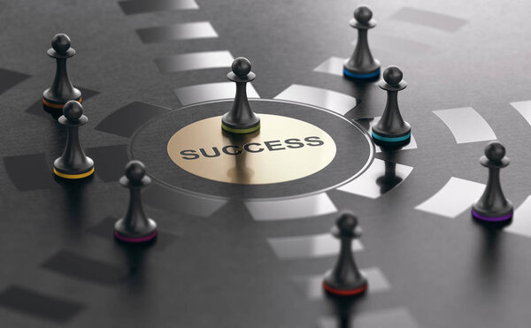 3D иллюстрация пешек на черном фоне с зеленым, достигающим успеха. Концепция успешной работы
 