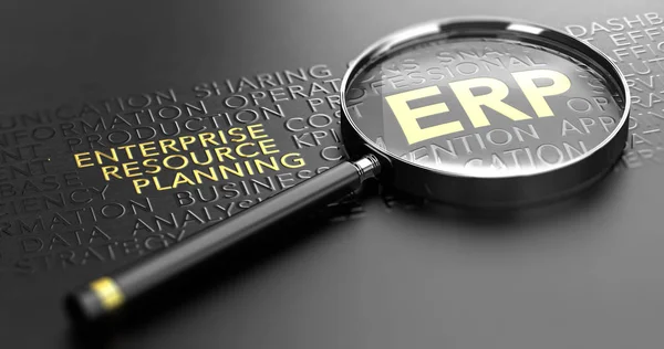 3D illustration of a magnifying glass over black background and focus on the golden acronym ERP. Enterprise Resource Planning Concept