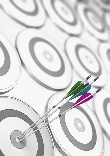 Three Different Arrows Hitting Center White Grey Target Success Performance — Stock Photo, Image