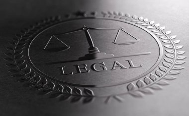 Siyah arka planda adalet sembolü pulları basılı yasal imza tasarımı. 3B illüstrasyon