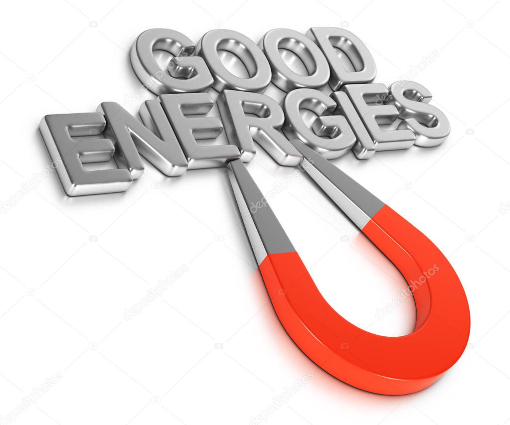 3d illustration of a magnet attracting phrase good energies over white background. Law of attraction concept.