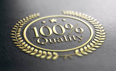 %100 kalite garantisi altın pul üzerinde siyah arka plan, 3d çizim