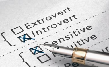 3D illustration of personality test with two words extrovert and introvert and a fountain pen. clipart