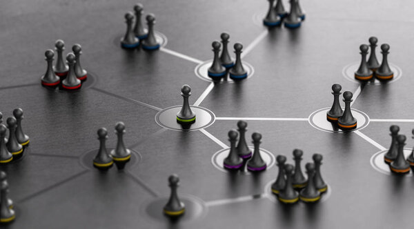 3d иллюстрация социальной сети с людьми, связанными вместе на черном фоне. Современный дизайн.