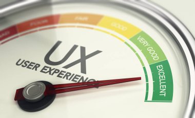 Mükemmel UX 'i gösteren iğneyle bir kullanıcı deneyimi ölçümünün 3 boyutlu çizimi. Pazarlama kavramı