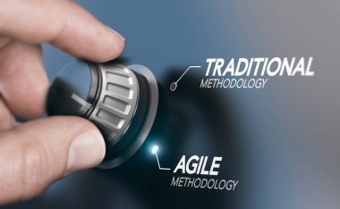 Man turning knob to changing project management methodology from traditional to agile PM. Composite image between a hand photography and a 3D background. clipart