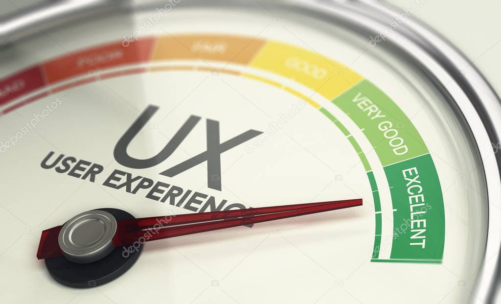 3D illustration of an user experience gauge with the needle pointing excellent UX. Marketing concept