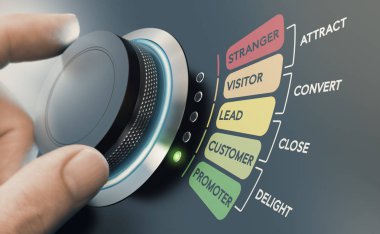Adam, tanımadığı insanları tanıtımcı yapmak için satış sürecinin farklı aşamalarında düğmeye basıyor. Başarılı yaklaşan pazarlama kampanyası konsepti. 