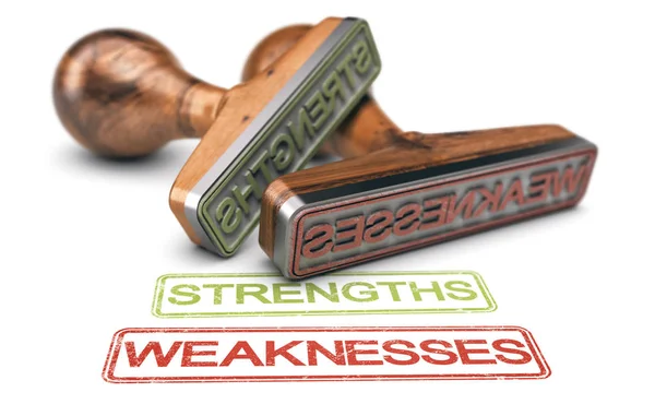 Strengths and Weaknesses Words And Two Rubber Stamps Over white — Stock Photo, Image