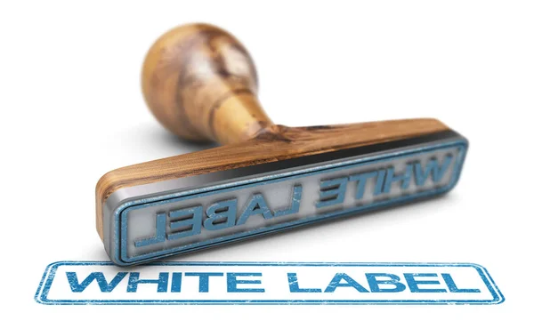 Λευκή ετικέτα ή ιδιωτική επισήμανση, λαστιχένια σφραγίδα πάνω από την άσπρη πλάτη — Φωτογραφία Αρχείου