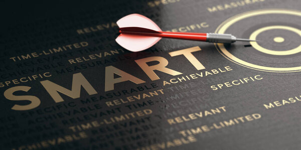 3D иллюстрация красного дротика, золотая цель и слова на черном фоне. Концепция разумных целей или задач
. 