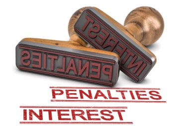 3D illustration of two rubber stamps with the words penalties and interest over white background. Unpaid income tax concept. clipart