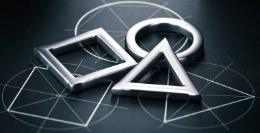 Temel geometrik şekillerin üç boyutlu çizimi, üçgen, daire ve kare üzerine siyah arkaplan üzerine çizilmiş beyaz çizimler. Matematik ve geometri kavramı.