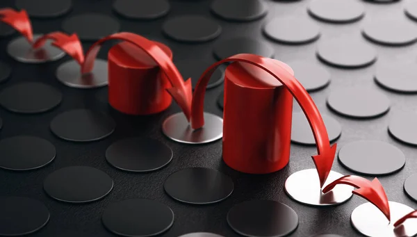赤い障害物の上に跳ね返る矢印 黒の背景 障壁と強靱性を克服する概念 3Dイラスト — ストック写真
