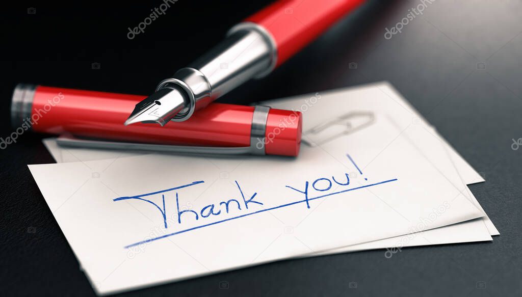 3D illustration of the text thank you hanwritten on a business card and a red fountain pen over black background with reflection. Thanks card concept.