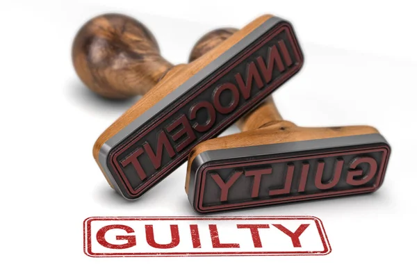 Two Rubber Stamps White Background Words Innocent Guilty Focus Second — Stock Photo, Image