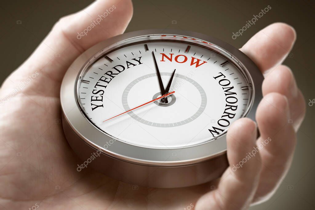 Man hand holding a conceptual clock with the words yesterday, now and tomorrow. Concept of time management or living in the present moment. Composite image between a hand photography and a 3D background.