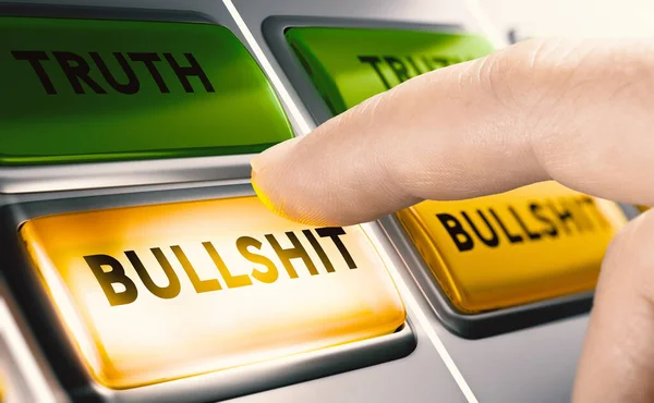 Finger Pressing Yellow Bullshit Button Report Fake News Disinformation Misinformation — Foto Stock