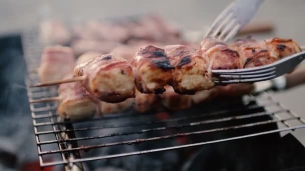 Carne e salsichas são grelhadas. Close-up. Churrasco. Bonita carne grelhada . — Vídeo de Stock