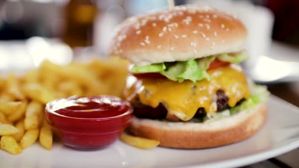 Heerlijke Hamburger Met Een Grote Hakken Een Pot Van Franse — Stockvideo