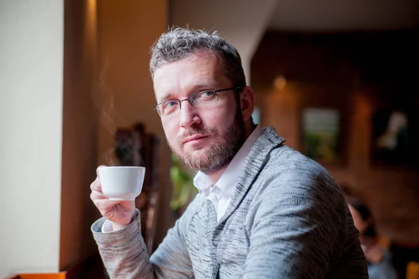 Businessman Drinking Cup Coffee City Cafe — Stock Photo, Image