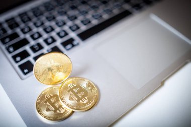 Dizüstü bilgisayar üzerinde üç Bitcoin paralar