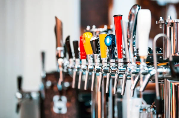 Close View Different Types Beer Cranes Bar Pub — Stock Photo, Image