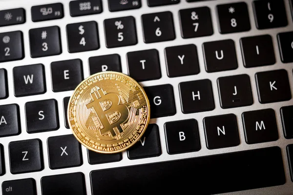 Dizüstü bilgisayar arka plan üzerinde bitcoin sikke görünümünü kapat