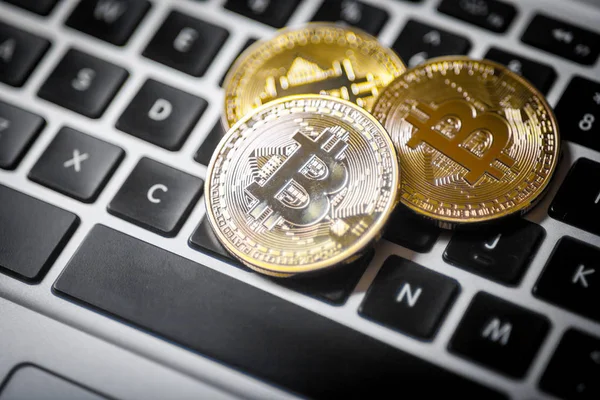 Dizüstü bilgisayar üzerinde üç Bitcoin paralar