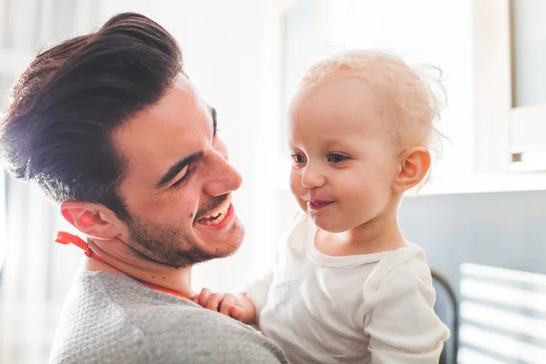 Young Father Hugging Toddler Child Daughter Kitchen Home — Stock Photo, Image