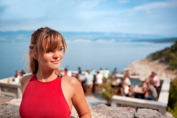 Smiling Young Woman Vacation Sitting Terrace Sea View — Stock Photo, Image