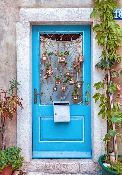 Traditional Wooden Blue Front Door Plants Pots Croatia — Stock Photo, Image