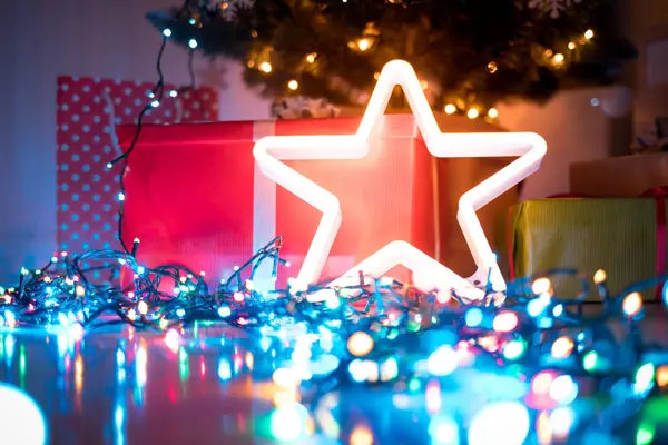 Decoraciones Luces Led Navidad Sala Estar Oscura Casa —  Fotos de Stock