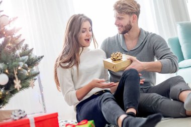 Mutlu çift kendilerini Xmas ağacının yanında katta oturan Noel hediyeleri veriyoruz