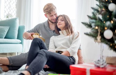 Mutlu çift kendilerini Xmas ağacının yanında katta oturan Noel hediyeleri veriyoruz