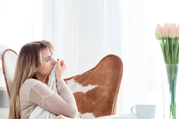 Young Woman Sitting Armchair Home Thinking Something Positive Emotions — Stock Photo, Image