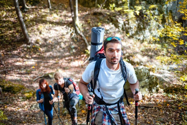 Beau Homme Trekking Avec Des Amis Dans Une Forêt — Photo